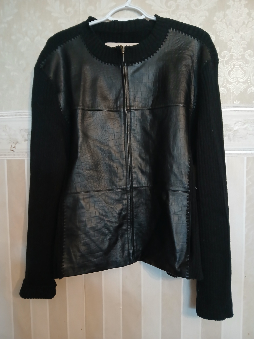 Monroe & Main Black Faux Leather & Knit Zip Jacket